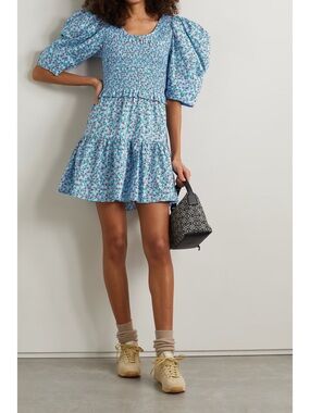 SEA New York Strawberry Floral Lilly Ruffled Smocked Open Tie Back Mini Dress L